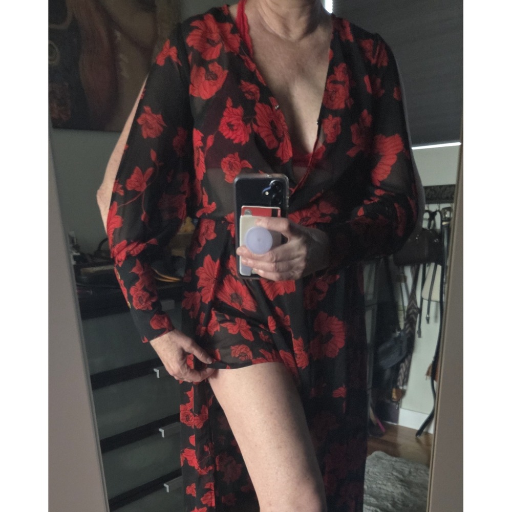 Miley + Molly Black and Red Maxi Floral Dress Romper Slit Sleeves Sz S